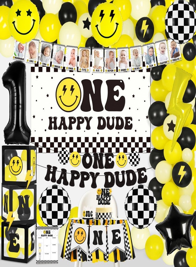 Kriyokiaa One Happy Dude 1st Birthday Decorations for Boy Smile Face Balloons Arch High Chair Banner Backdrop Birthday Party Supplies Backdrops - Image 1